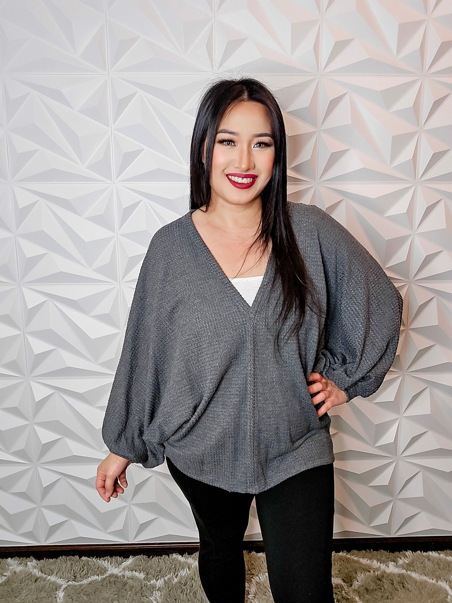 T679 - Charcoal V-Neck Oversize Wide Sleeve Knit Sweater