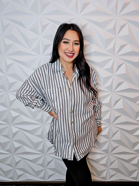 T631 - Stripe Button Down Long Sleeve Top (CHARCOAL)