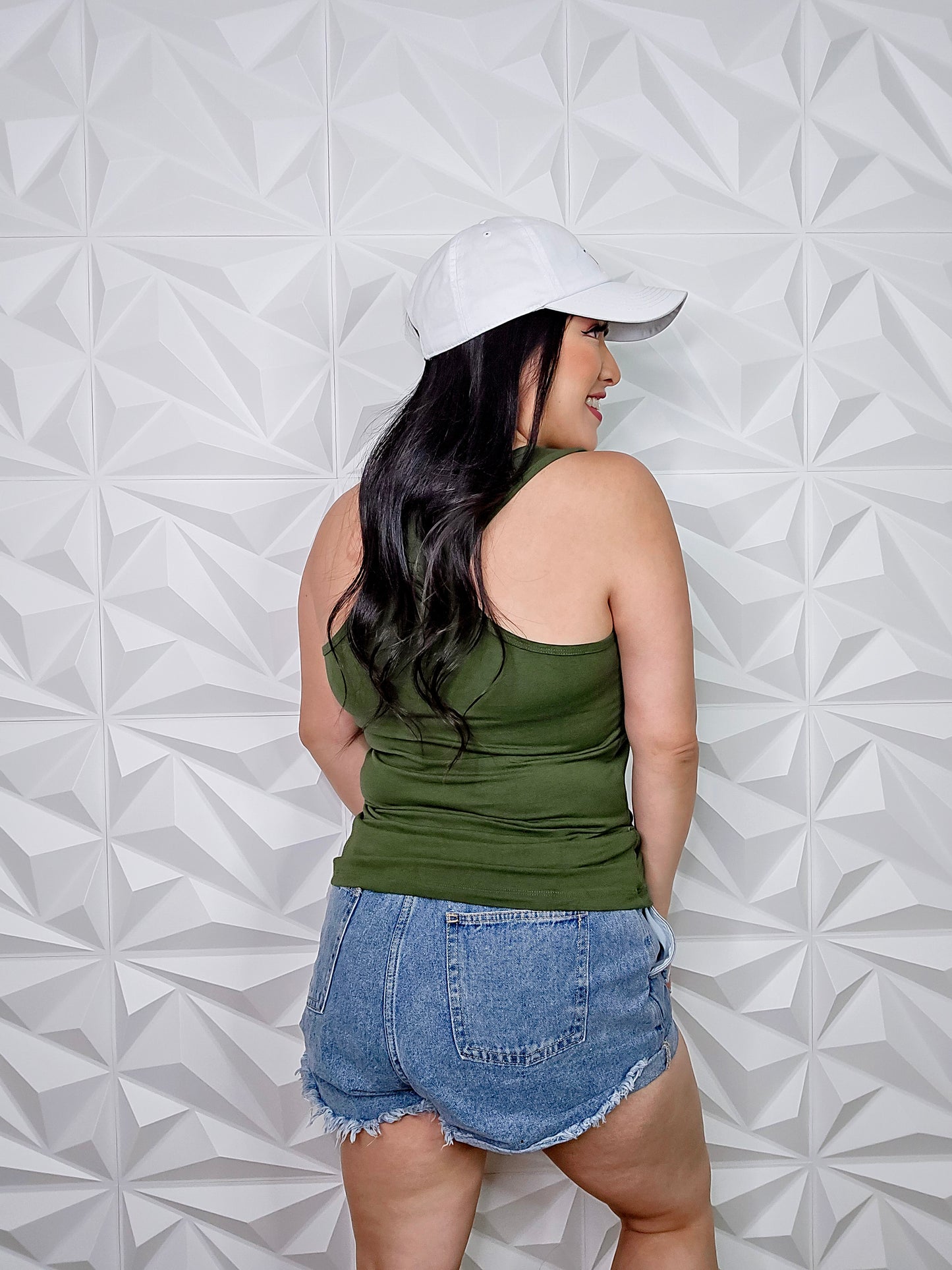 T567 - Cotton V-Neck Racerback Full Length Tank (ARMY GREEN)