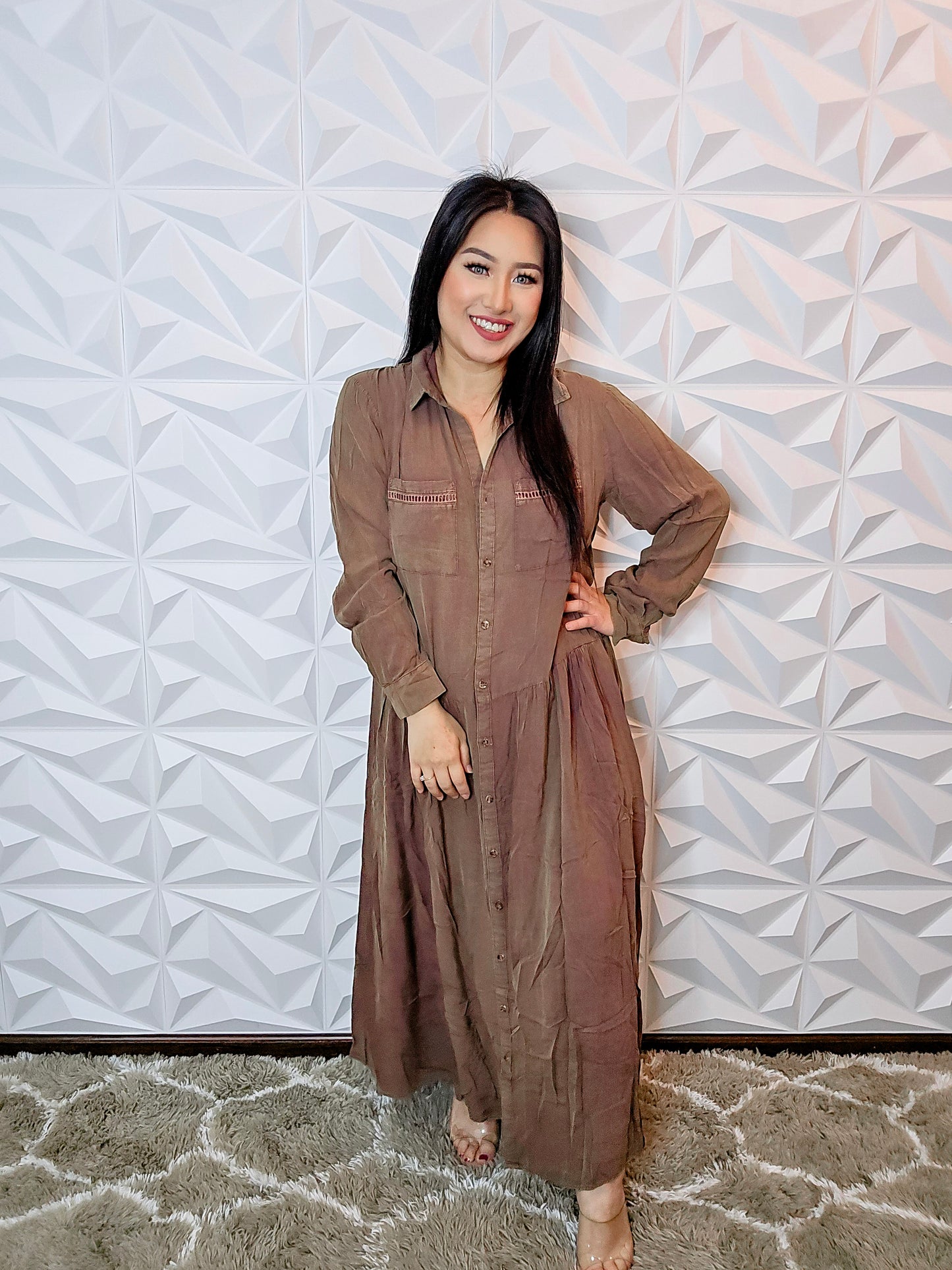 D392 - Long Sleeve Button Down Loose Midi Dress (BROWN)