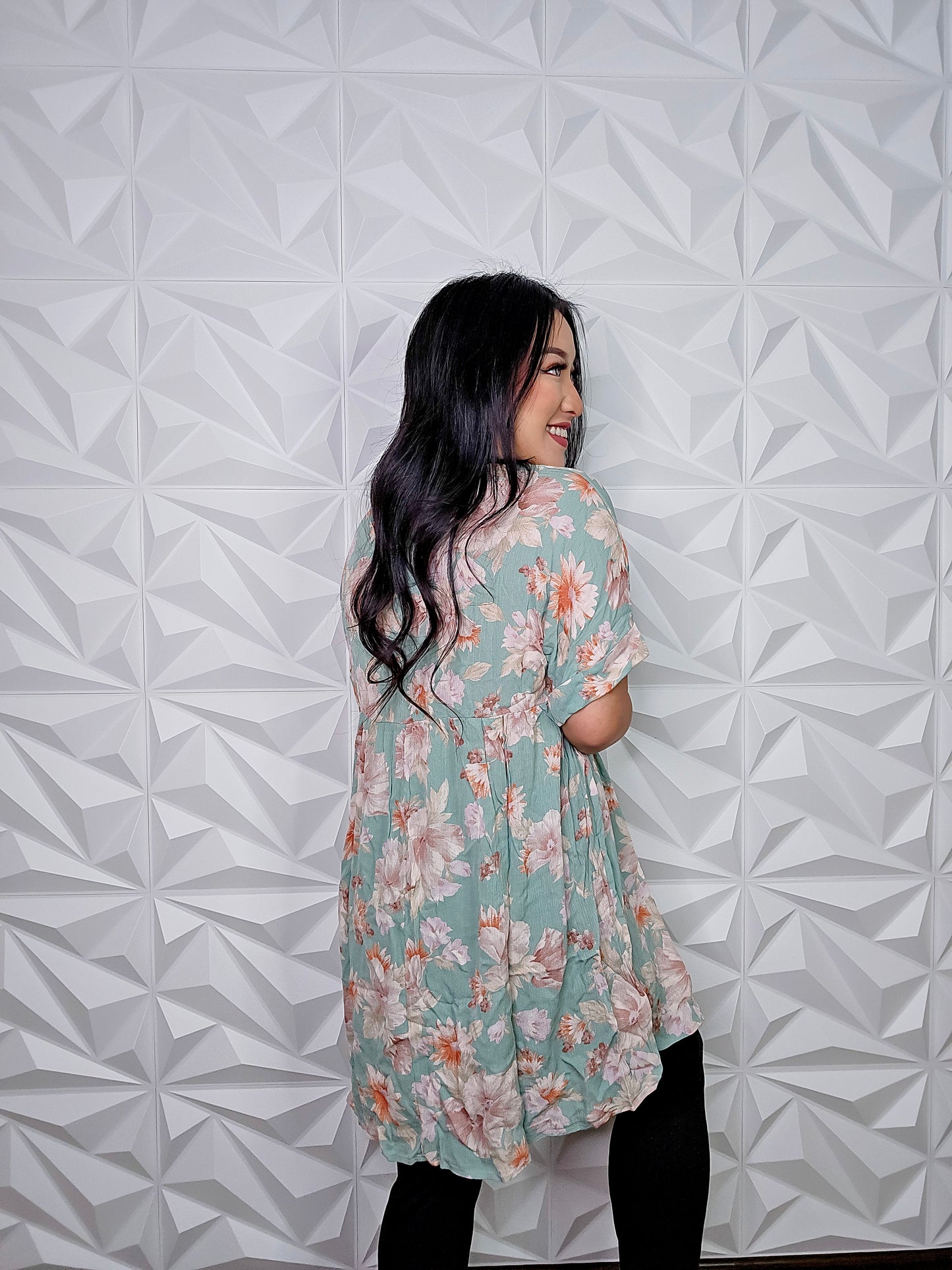 T548 - Sage Short Sleeve Floral Woven Babydoll Tunic Dress