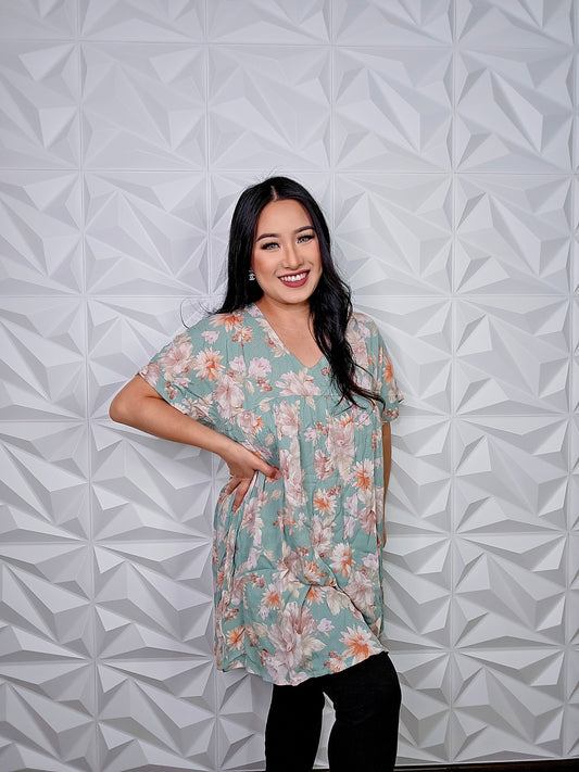 T548 - Sage Short Sleeve Floral Woven Babydoll Tunic Dress