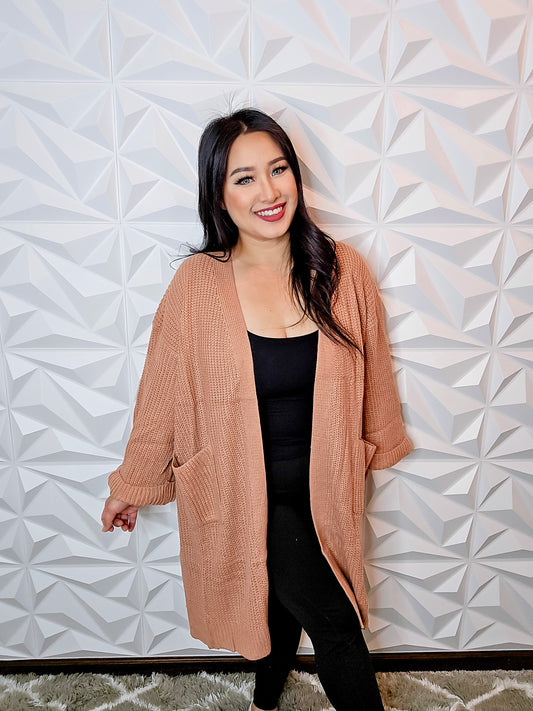 T643 - Mauve Ribbed Thick Midi Cardigan