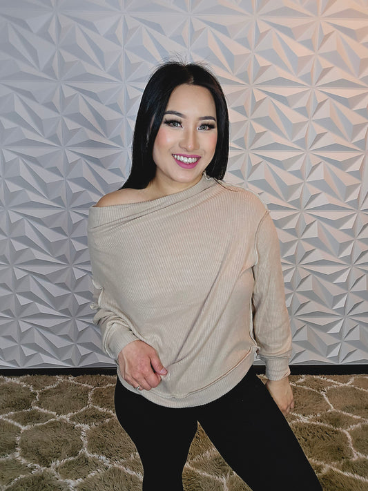 T577 - Off Shoulder Long Sleeve Brushed Rib Knit Top (Sand)