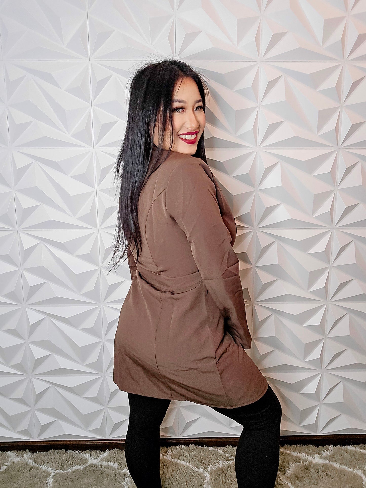 J135 - Loose Belted Blazer Jacket (BROWN)