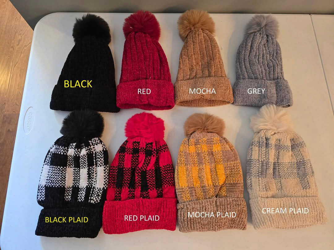 A73 - Solid Pom Pom Fleece Lined Beanie