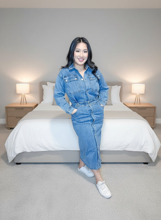 D819 - Medium Wash Long Sleeve Button Down Midi Denim Dress